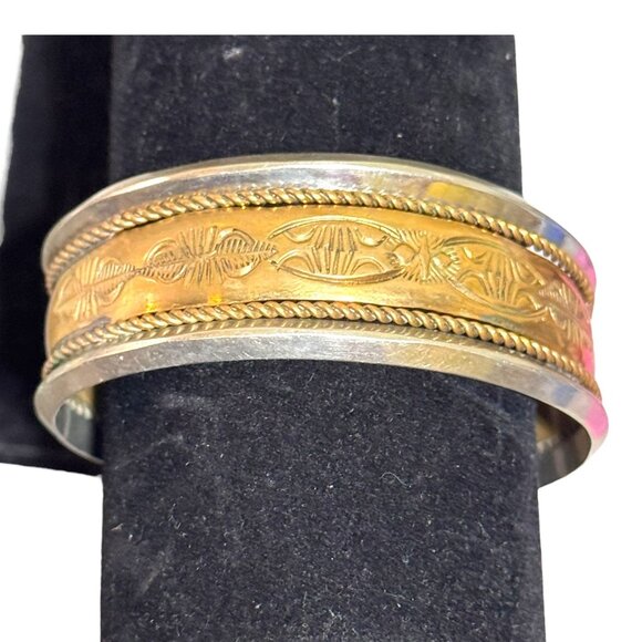 Vintage Two Tone Sterling Silver & Gold Tone Etched Southwest Cuff Bracelet - Picture 3 of 11